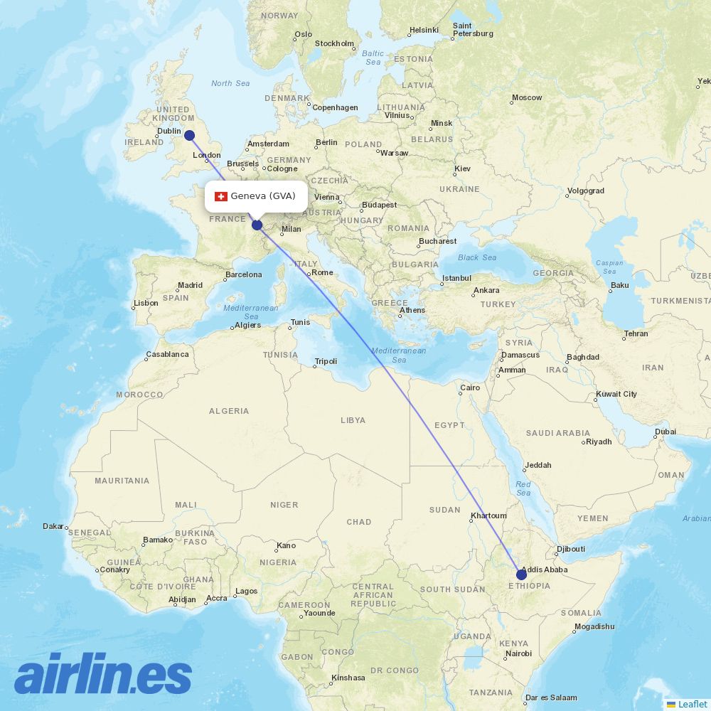 Ethiopian Airlines from Geneva Airport destination map