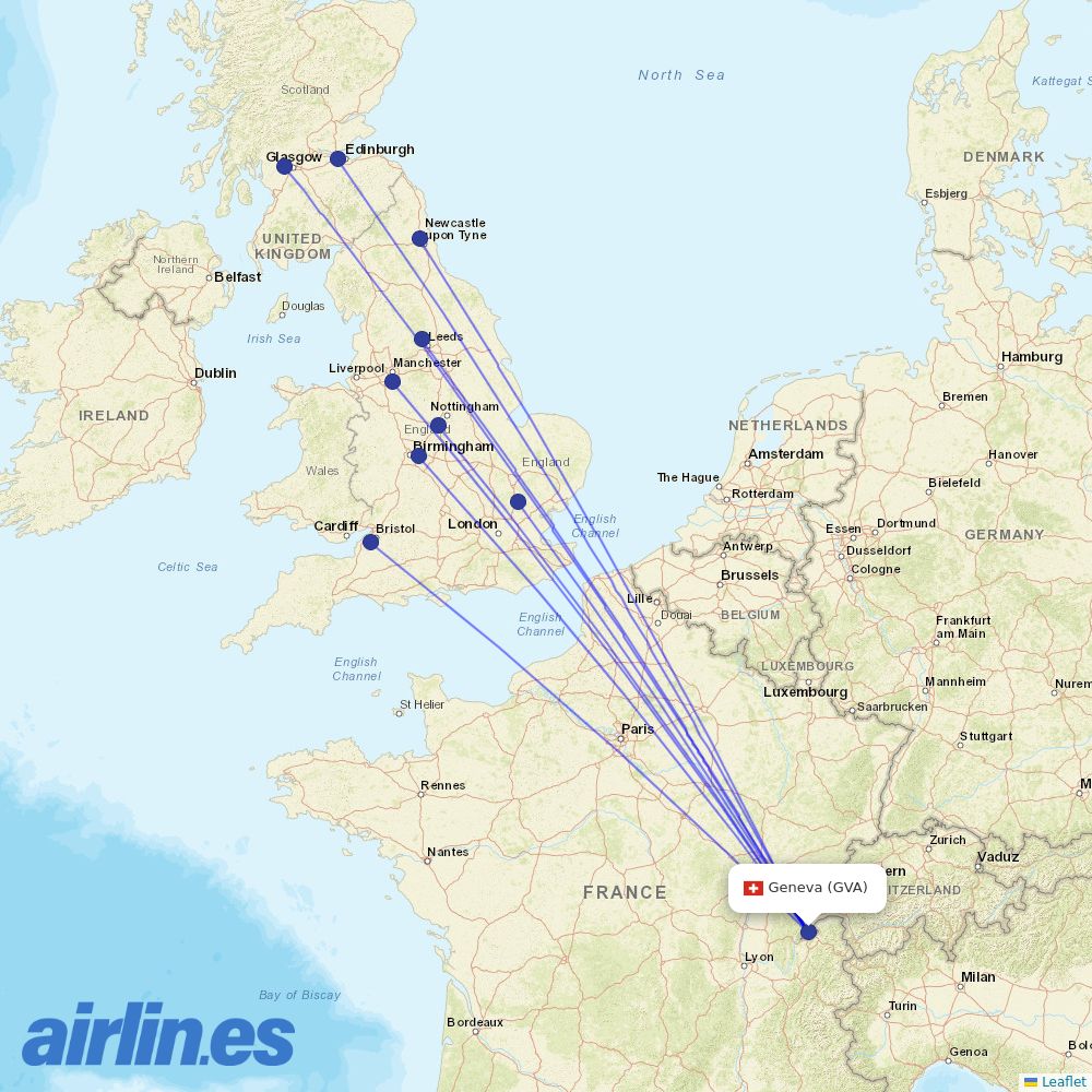 Jet2 from Geneva Airport destination map