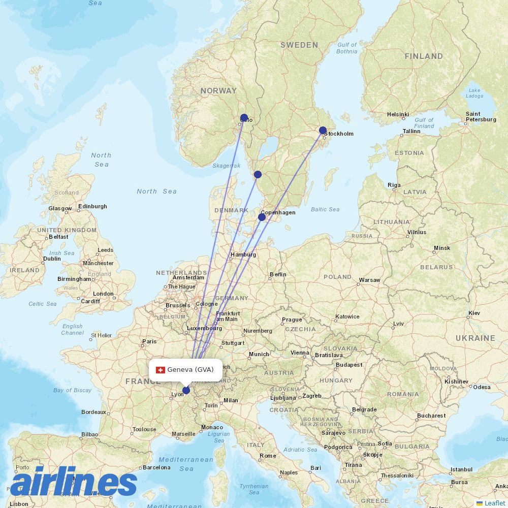 Scandinavian Airlines from Geneva Airport destination map