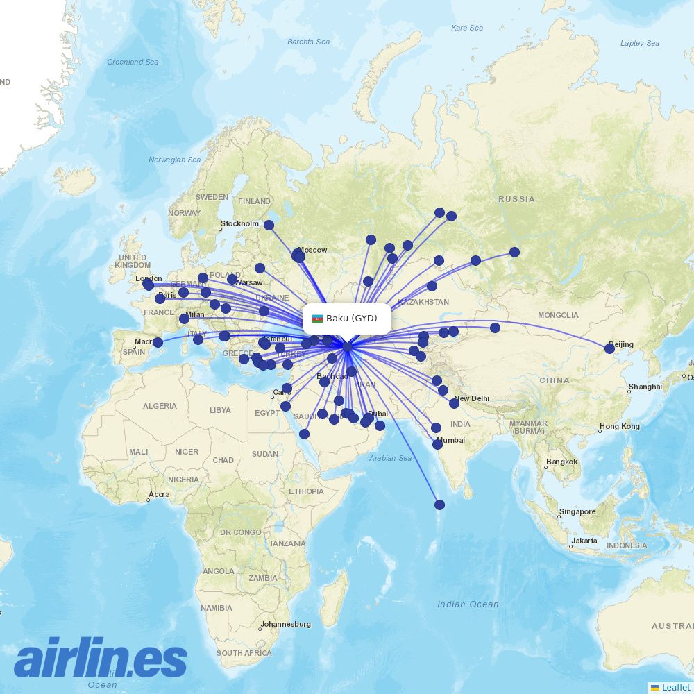 UTair from Heydar Aliyev International Airport destination map