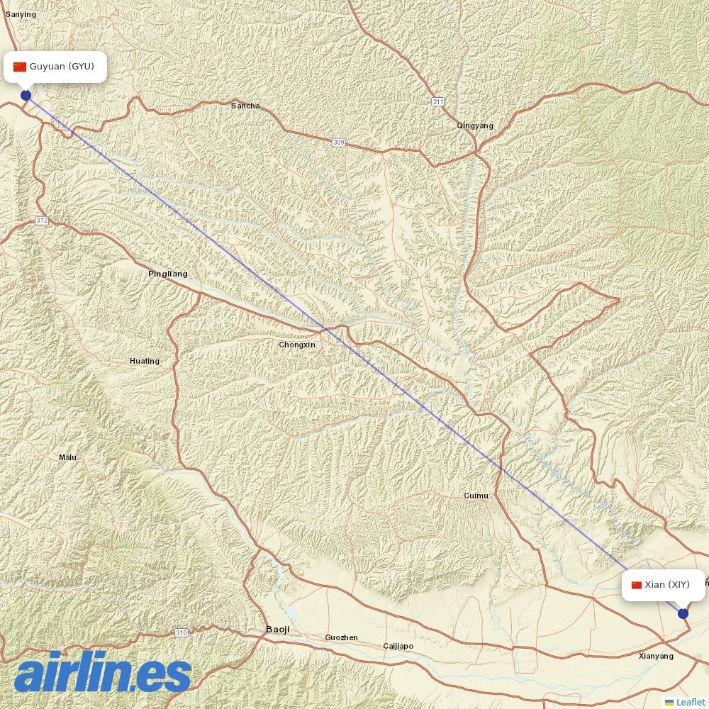 Xiamen Airlines from Guyuan Liupanshan Airport destination map