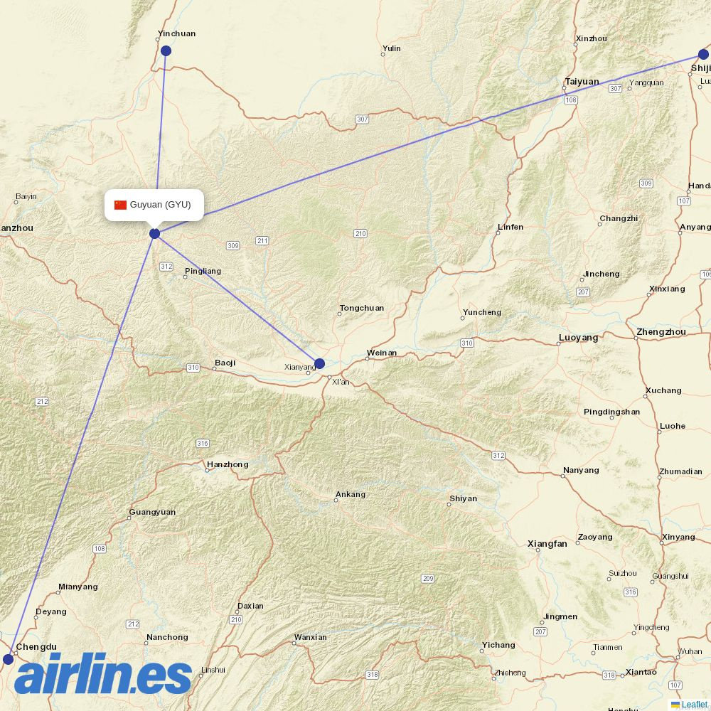 Hebei Airlines from Guyuan Liupanshan Airport destination map