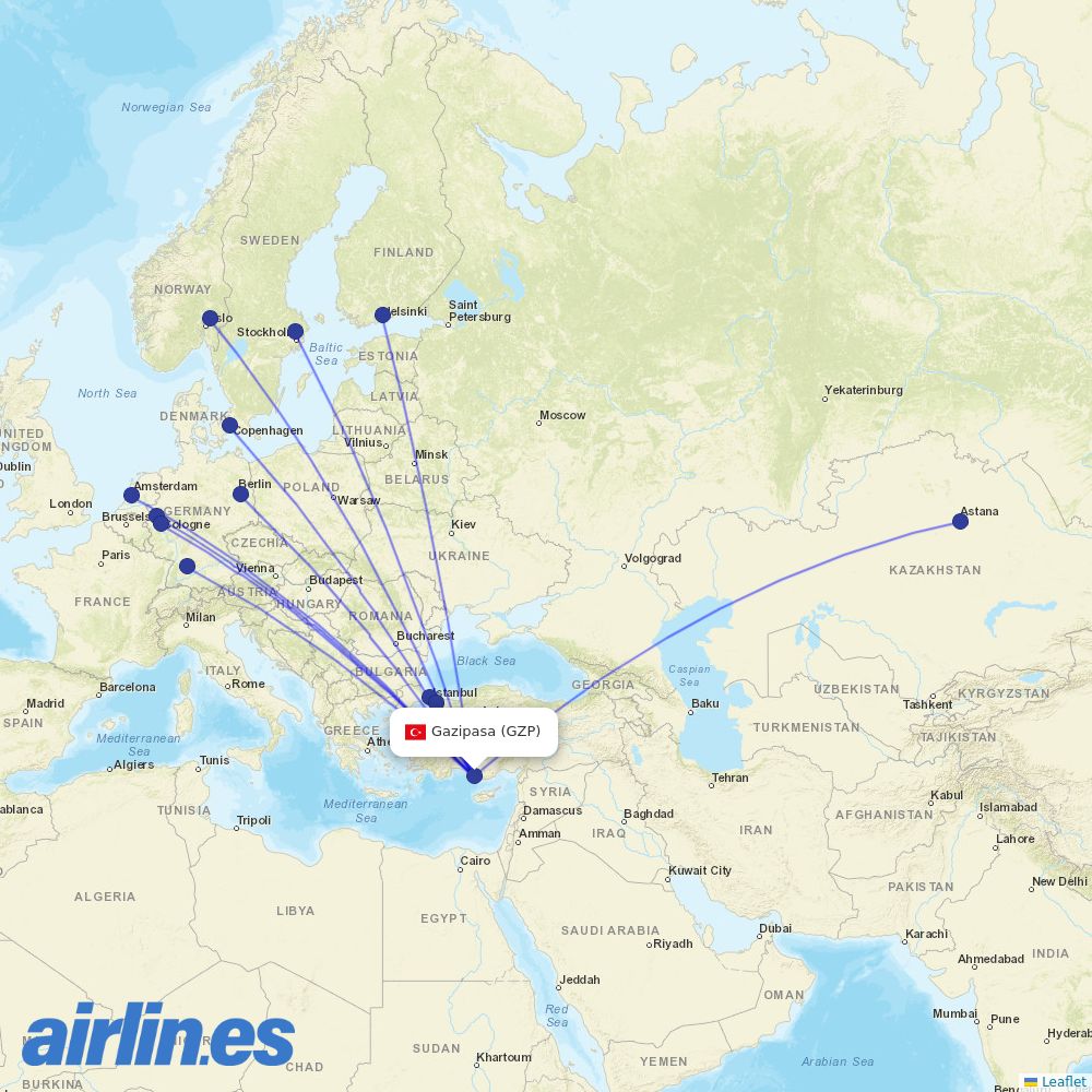 Scandinavian Airlines from Gazipasa Airport destination map