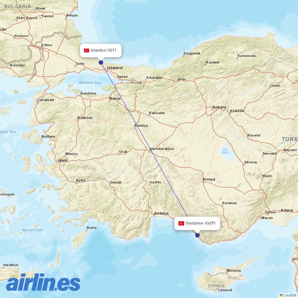 Turkish Airlines from Gazipasa Airport destination map