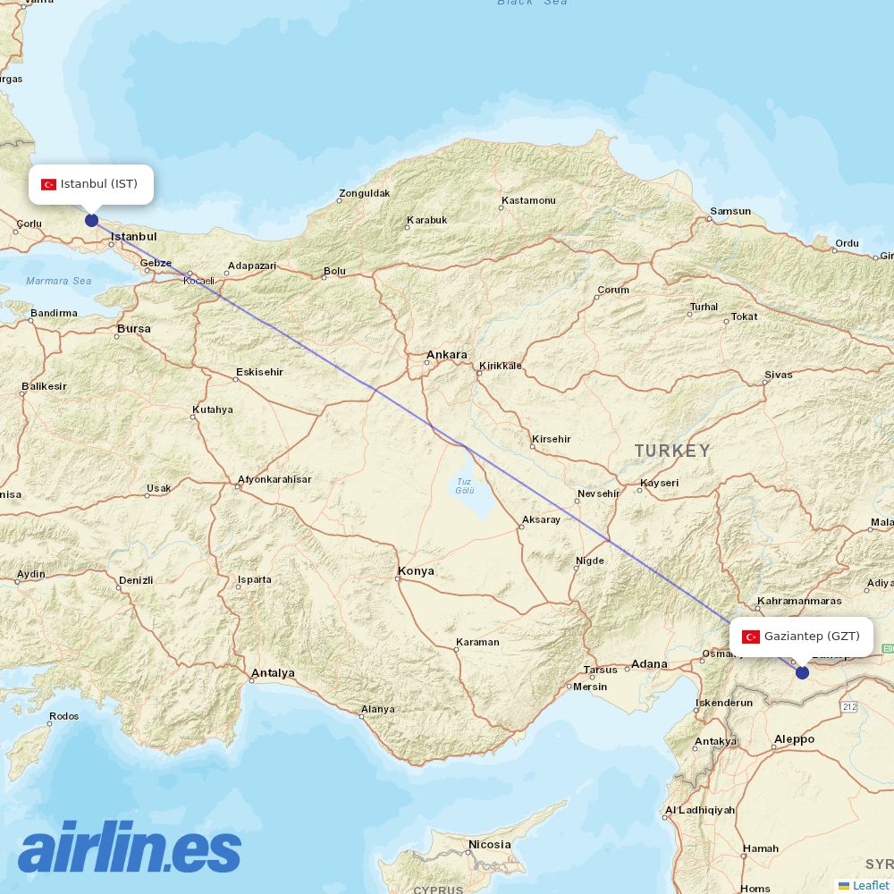 Turkish Airlines at GZT route map