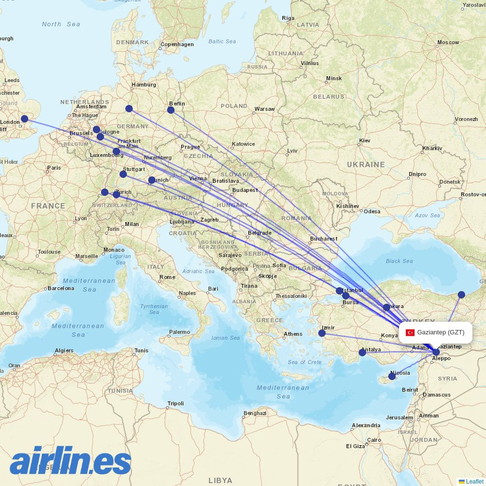 AJet from Oguzeli destination map