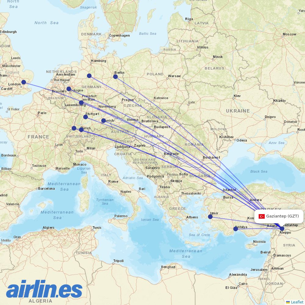 SunExpress from Oguzeli destination map