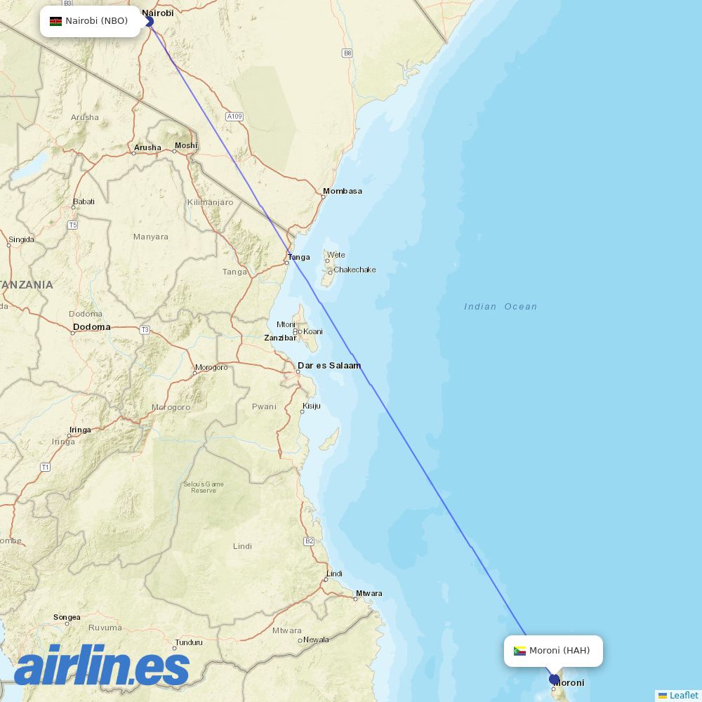 Kenya Airways from Moroni Hahaia destination map