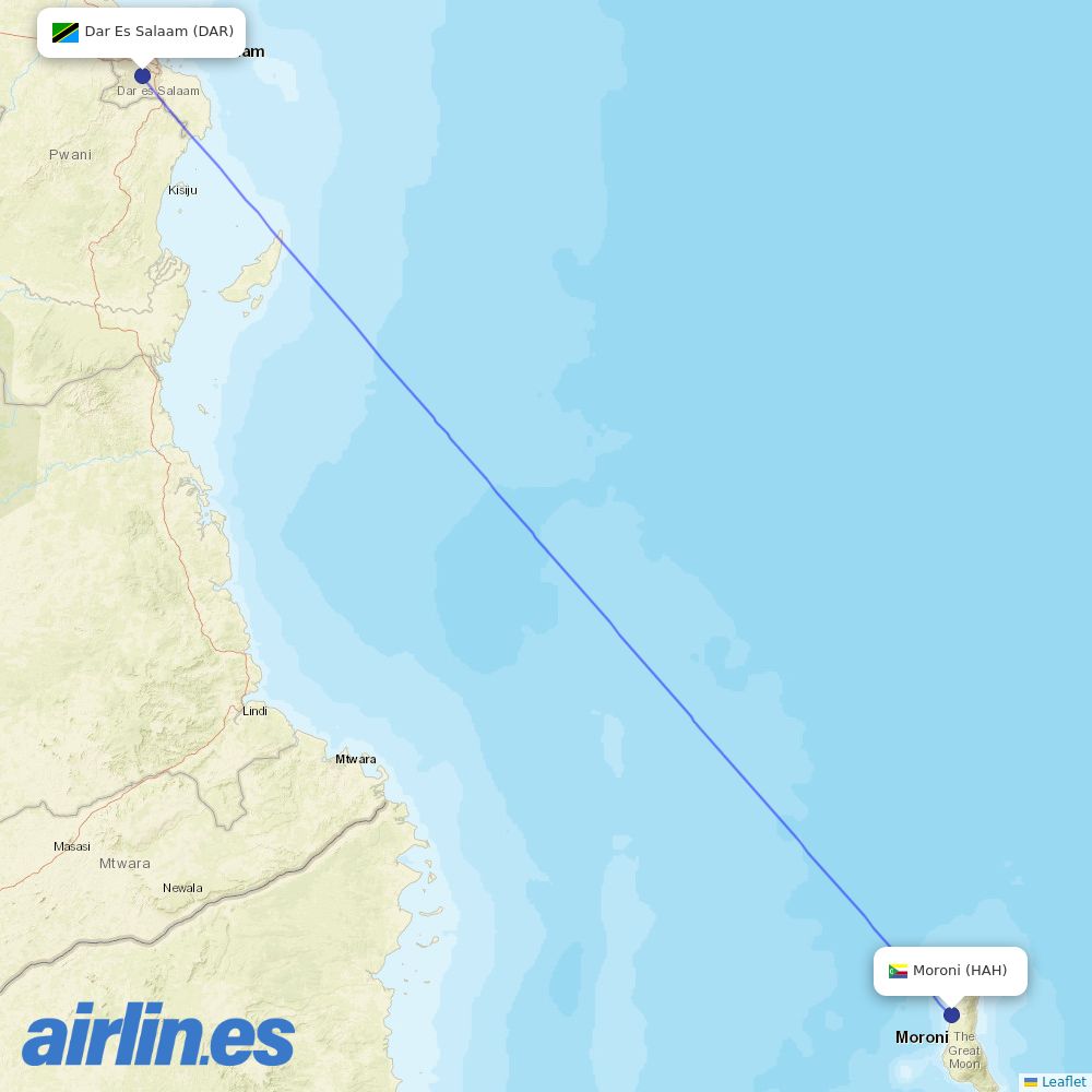 Air Tanzania from Moroni Hahaia destination map
