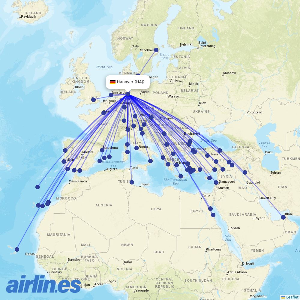 Aegean Airlines from Hannover Airport destination map