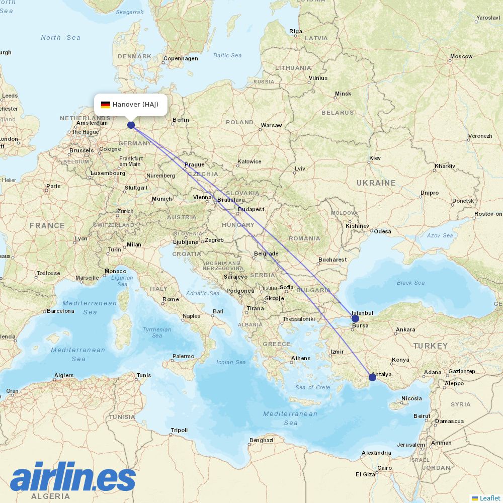 Pegasus from Hannover Airport destination map