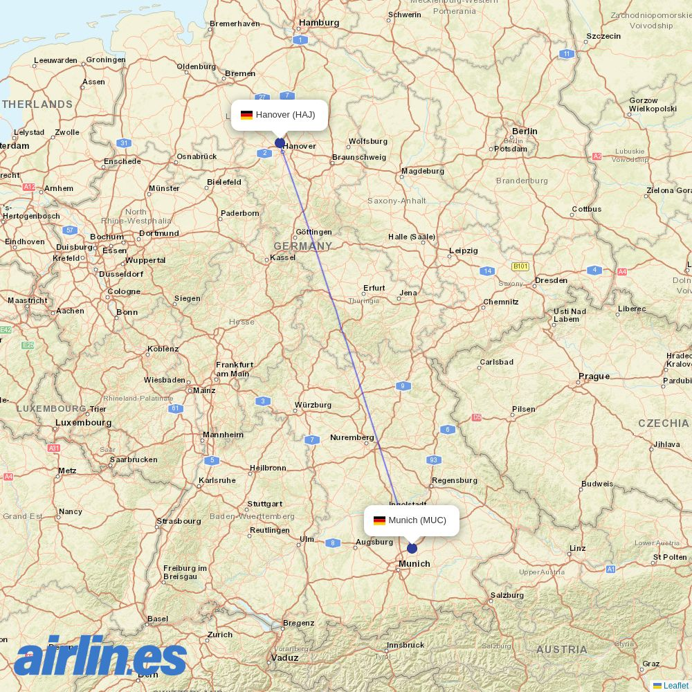 Lufthansa City Airlines from Hannover Airport destination map