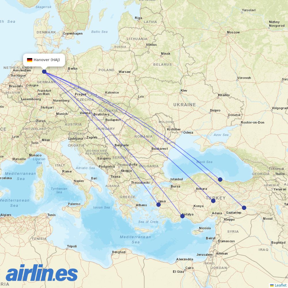 Corendon Airlines from Hannover Airport destination map