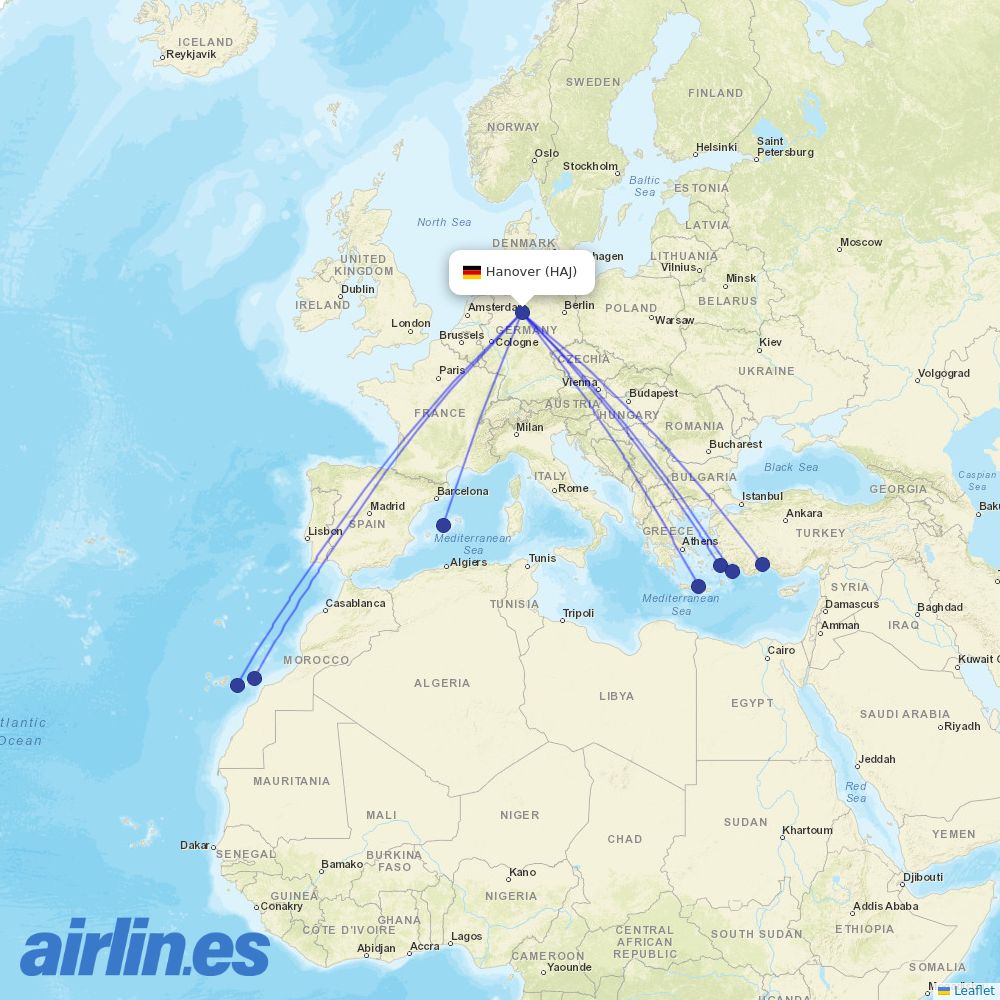 Corendon Airlines Europe at HAJ route map