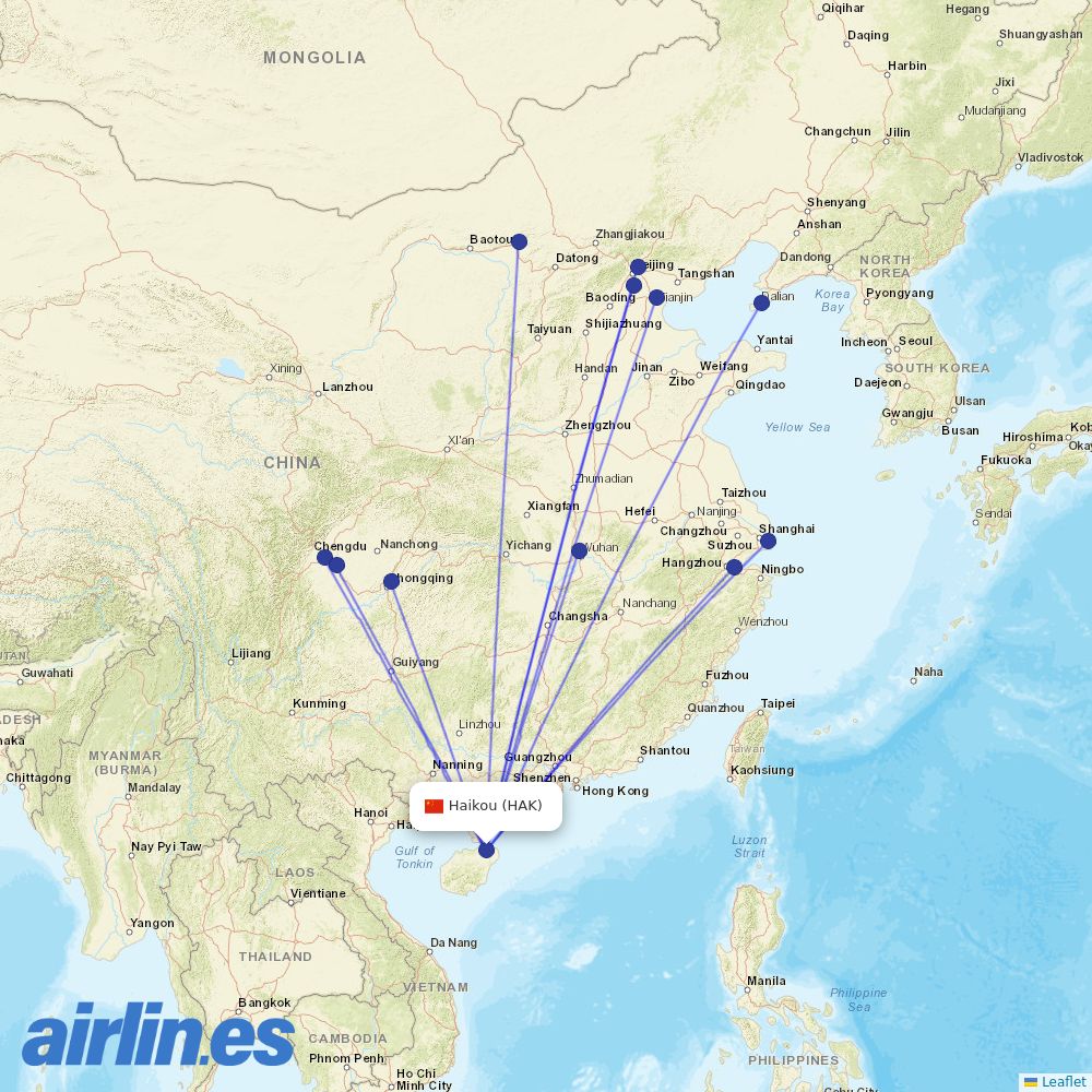 Air China from Haikou Meilan International Airport destination map