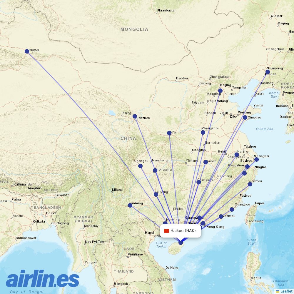 China Southern Airlines from Haikou Meilan International Airport destination map