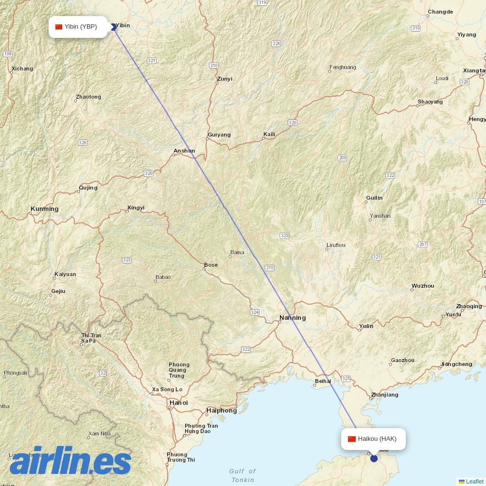 Colorful GuiZhou Airlines from Haikou Meilan International Airport destination map