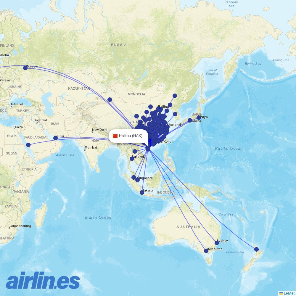 Qingdao Airlines from Haikou Meilan International Airport destination map