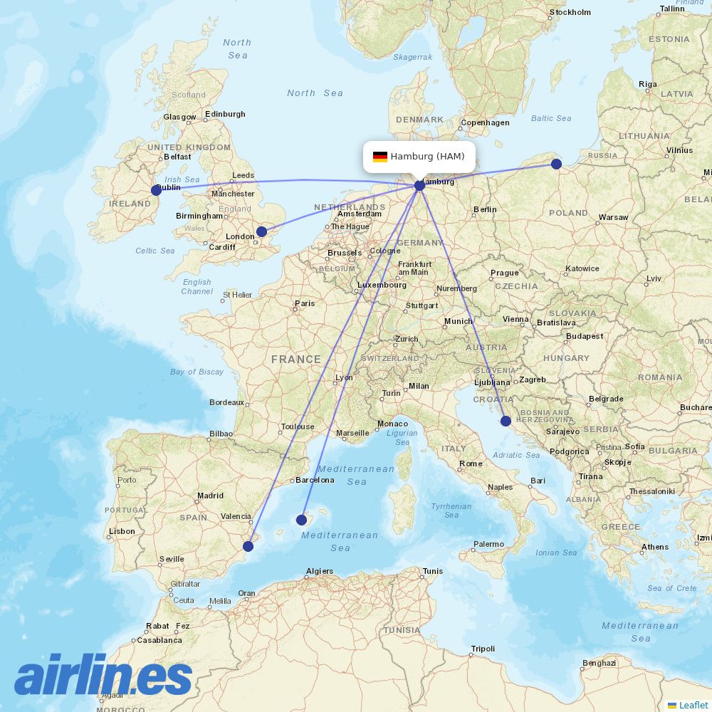 Ryanair from Hamburg Airport destination map