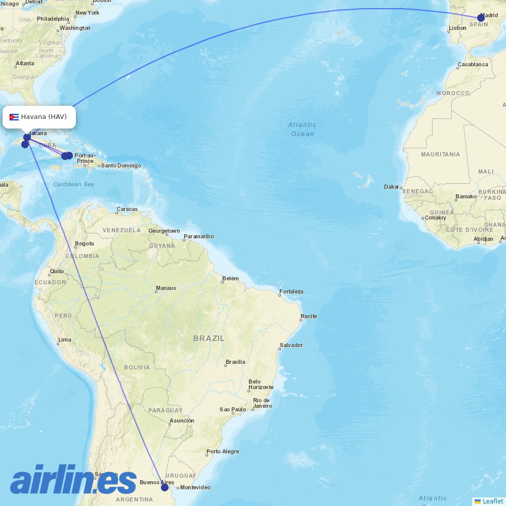 Cubana de Aviacion from Jose Marti International destination map