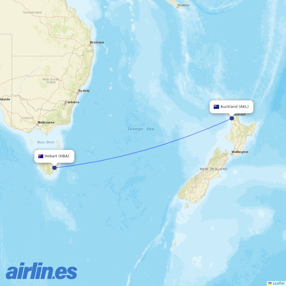 Air New Zealand from Hobart destination map