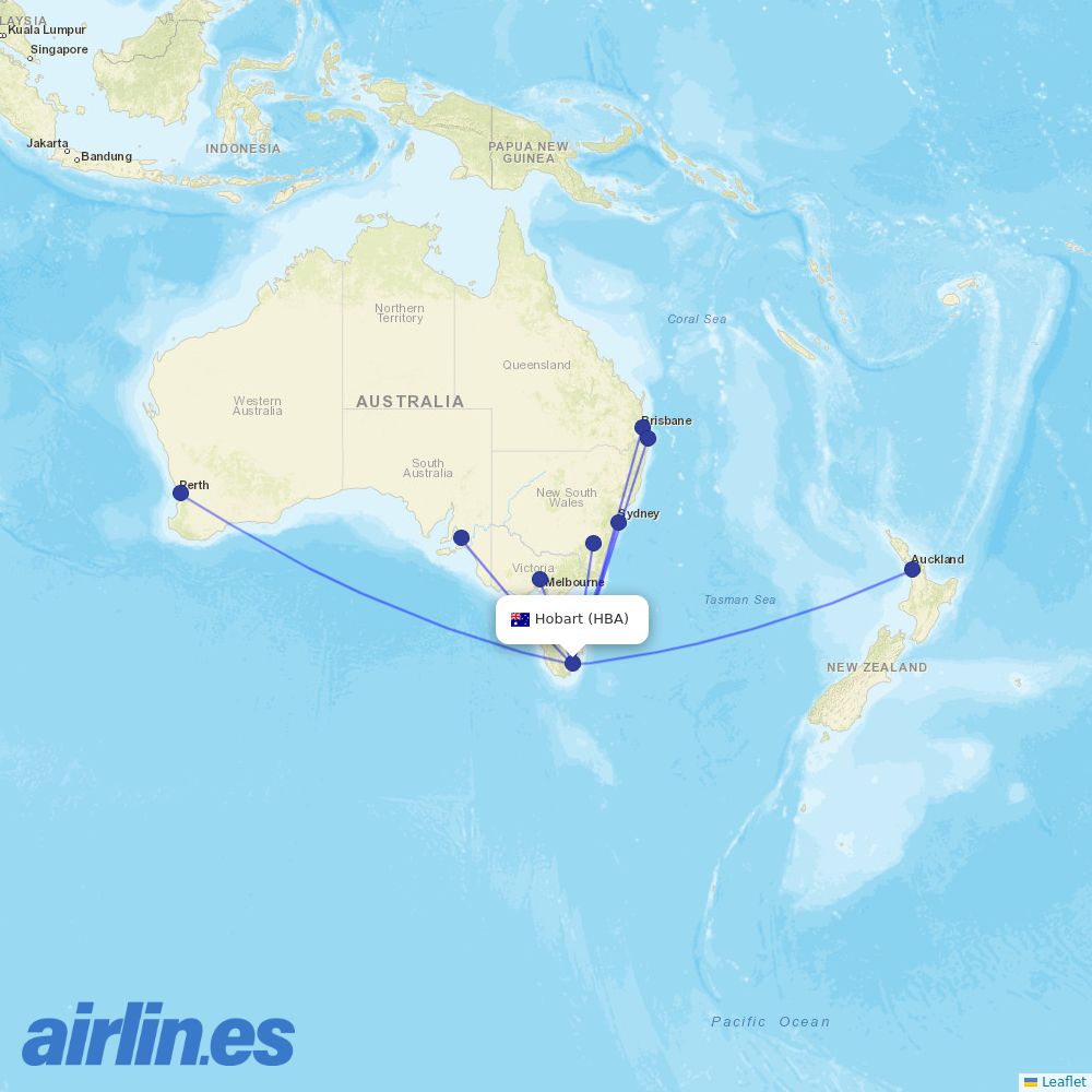 Qantas from Hobart destination map