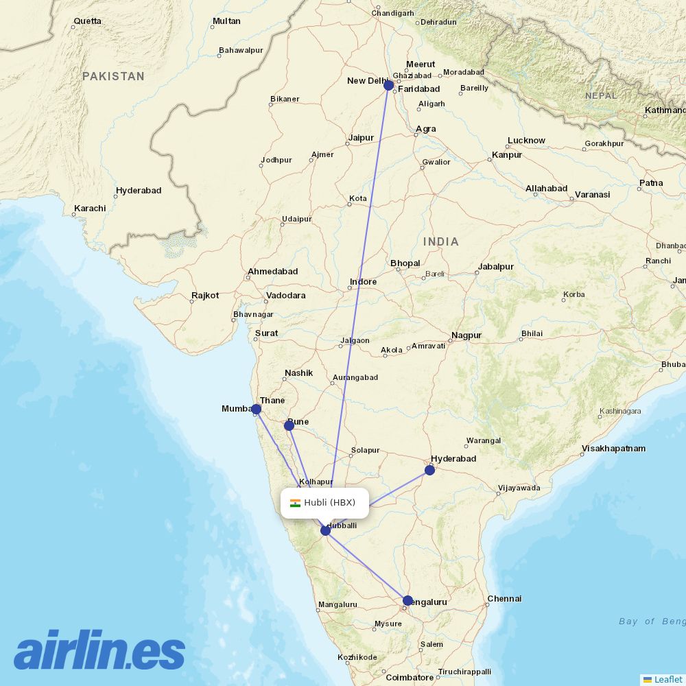 IndiGo from Hubli Airport destination map