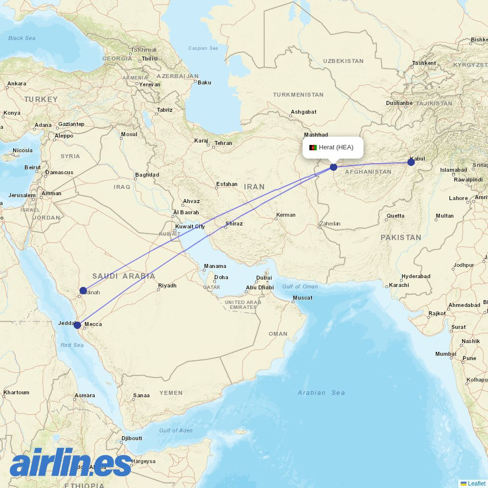 Kam Air from Herat destination map