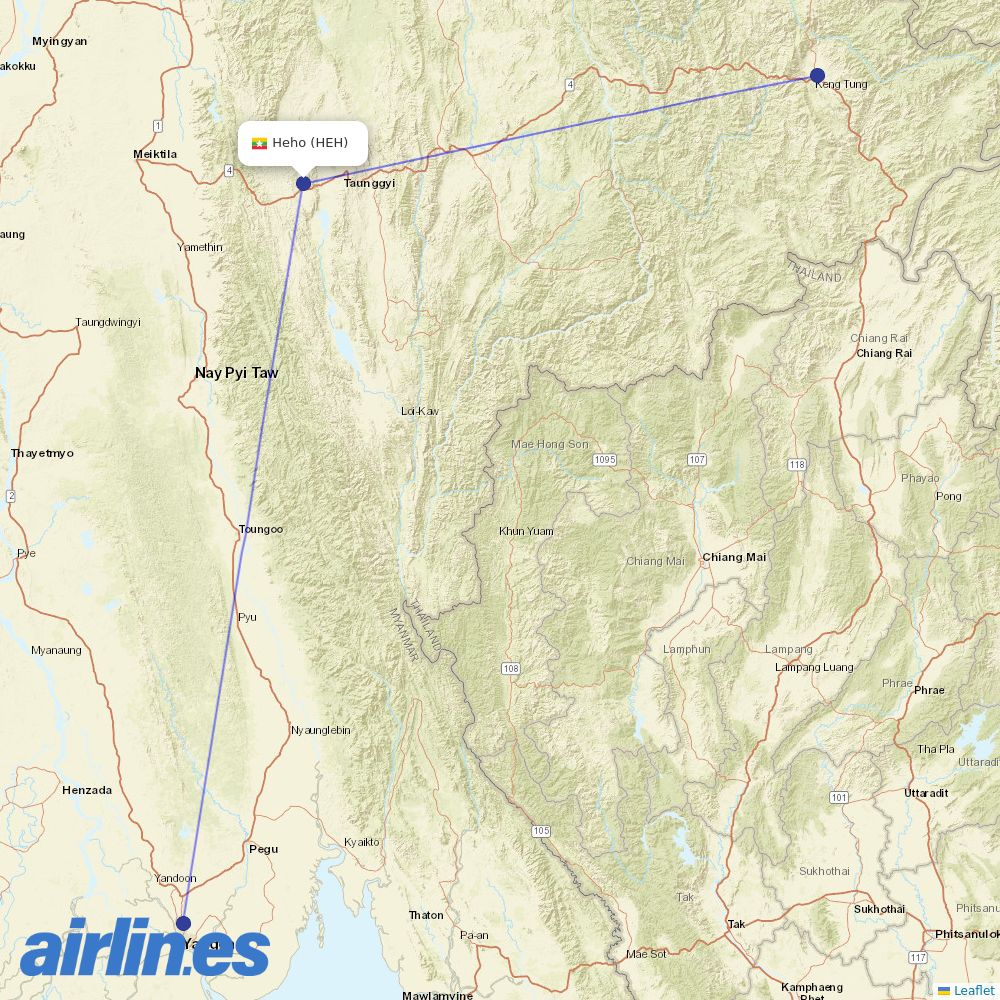Mann Yadanarpon Airlines from Heho destination map