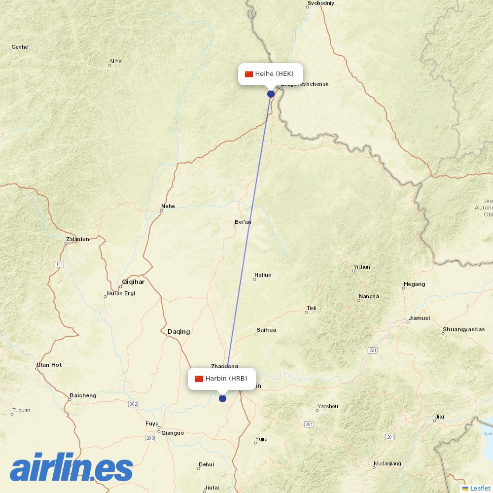 China Eastern Airlines from Heihe Airport destination map