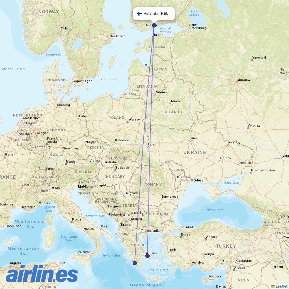 Aegean Airlines from Helsinki Airport destination map