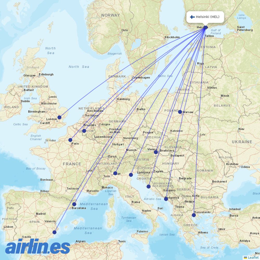 Ryanair from Helsinki Airport destination map
