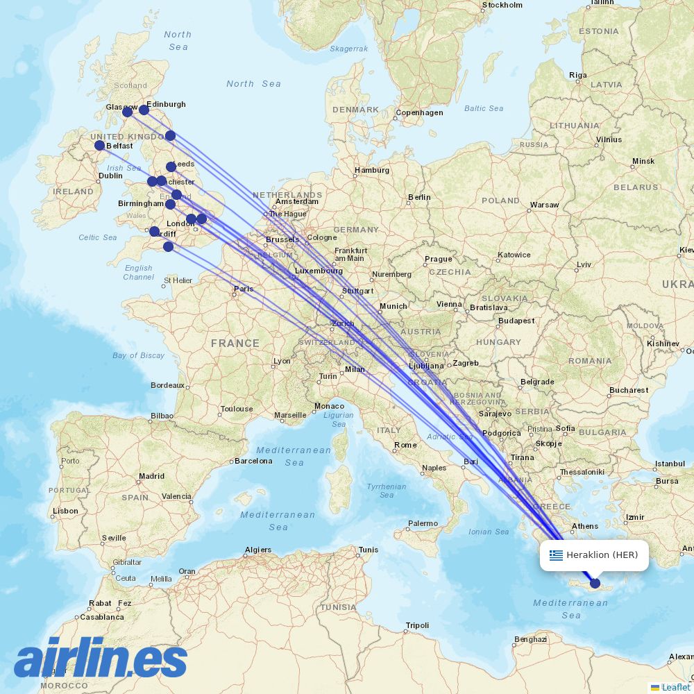 Jet2 from Heraklion International Airport destination map