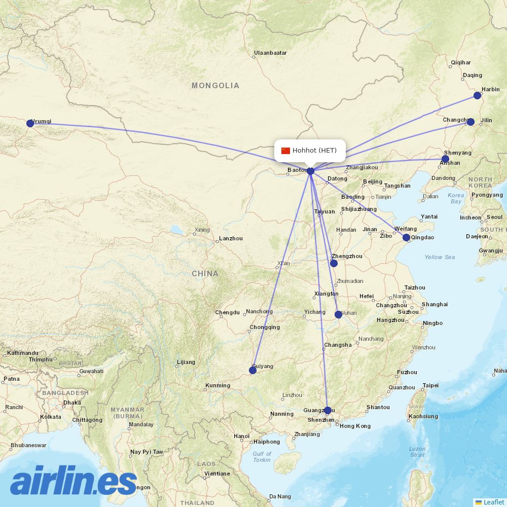 China Southern Airlines from Hohhot Baita International Airport destination map