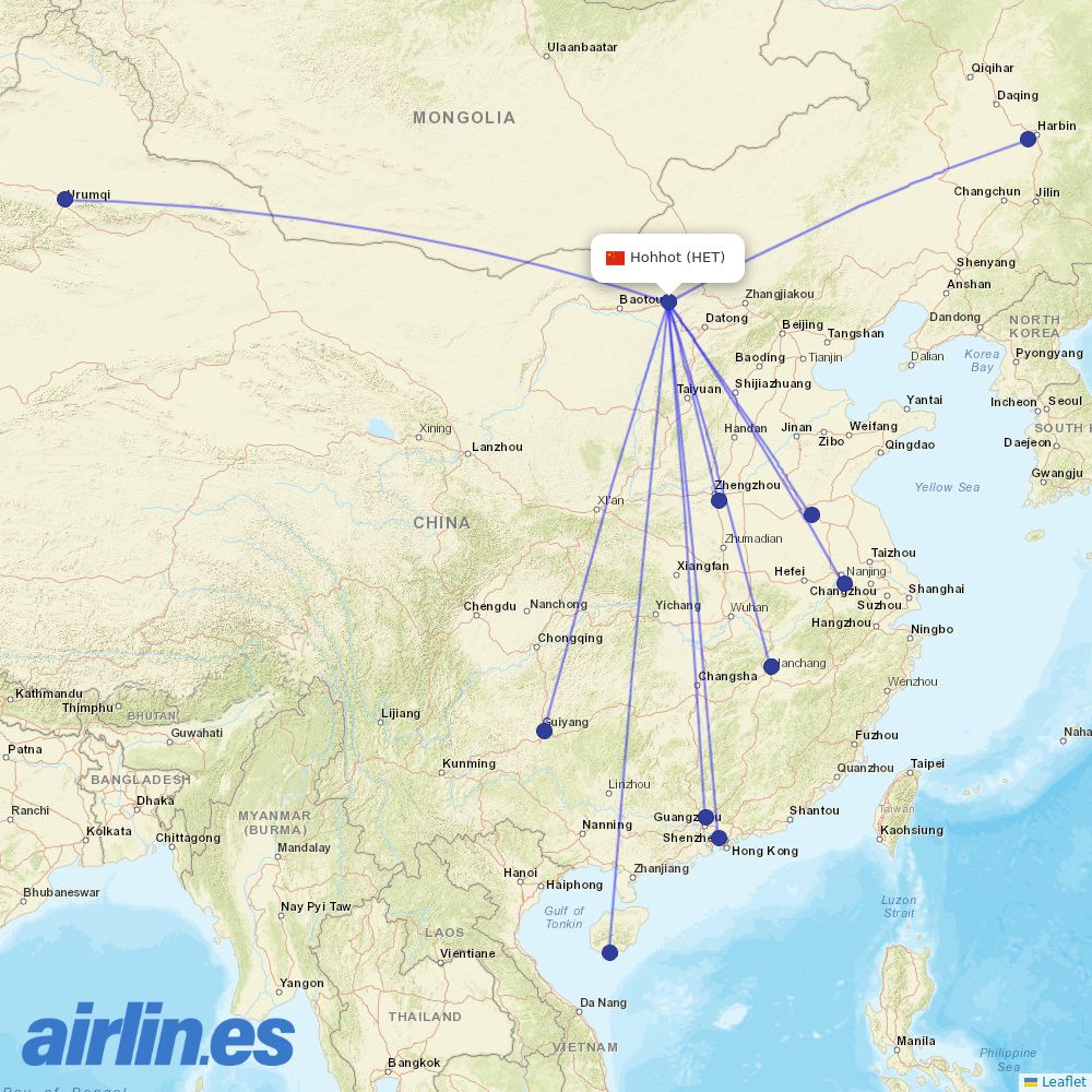 Hainan Airlines from Hohhot Baita International Airport destination map