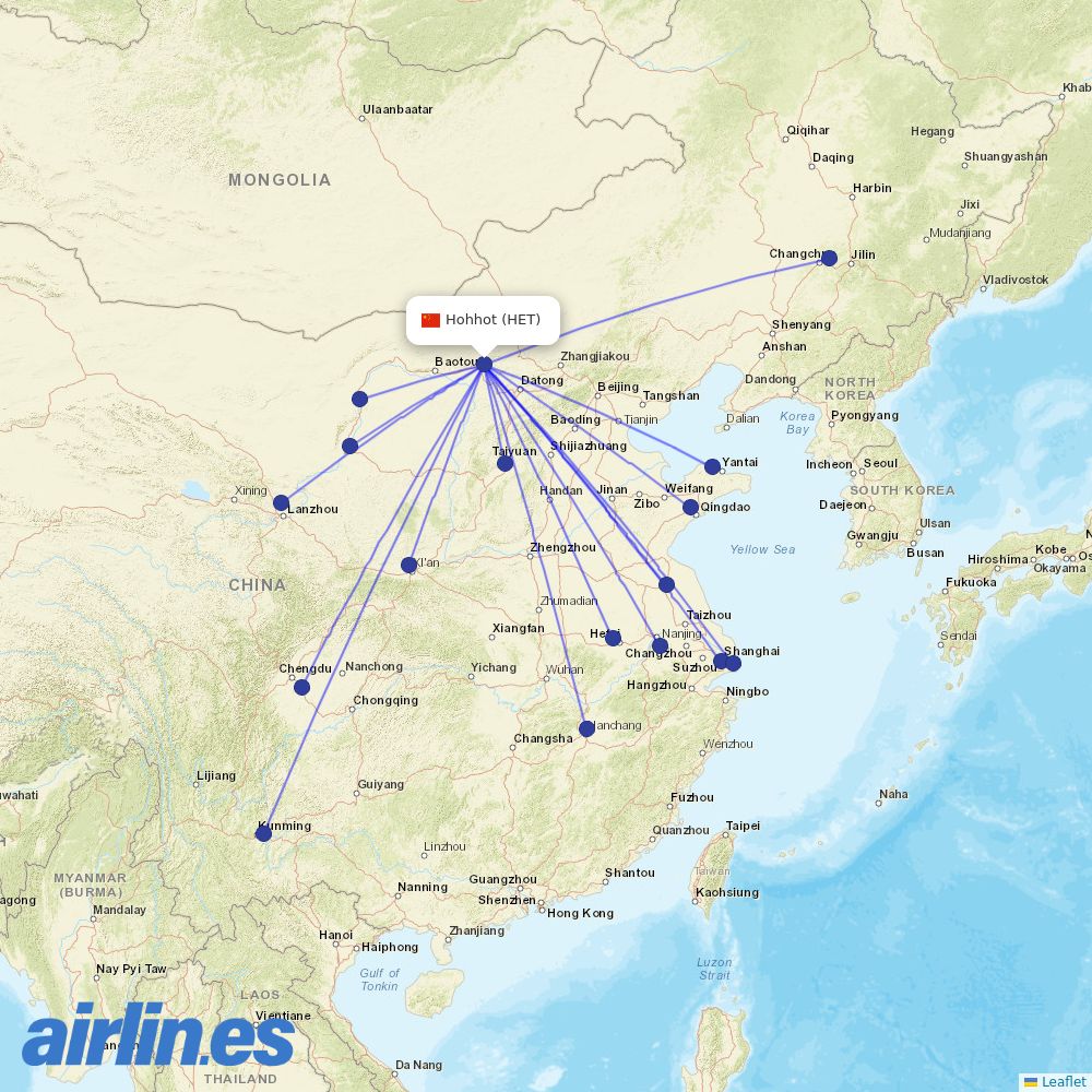 China Eastern Airlines from Hohhot Baita International Airport destination map