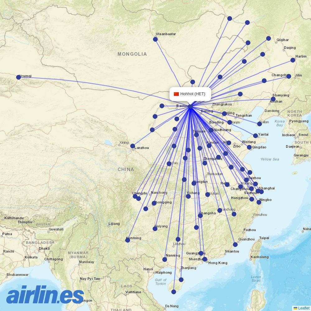 Qingdao Airlines from Hohhot Baita International Airport destination map