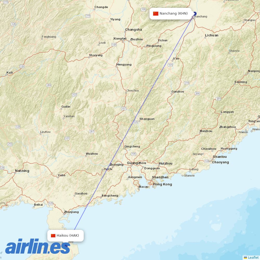 Jiangxi Airlines at HET route map