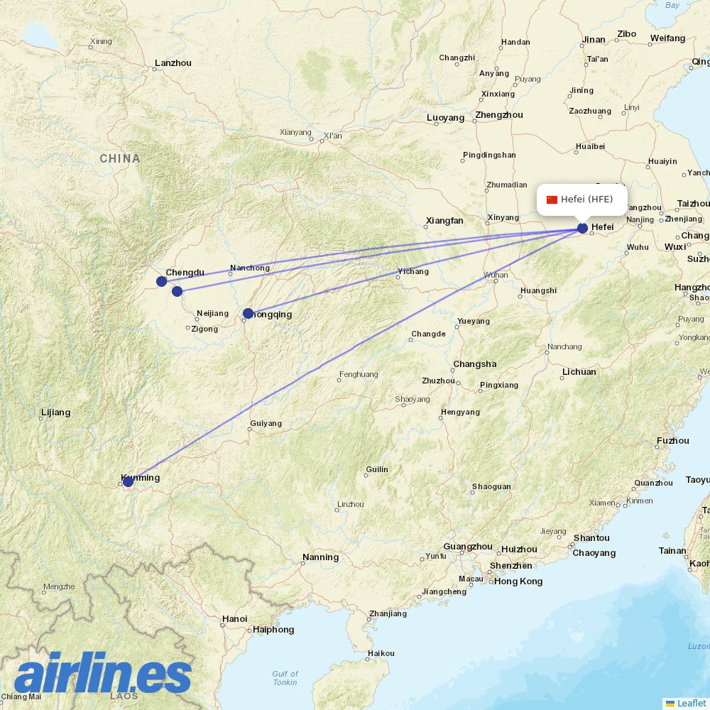 Sichuan Airlines from Hefei Xinqiao Airport destination map
