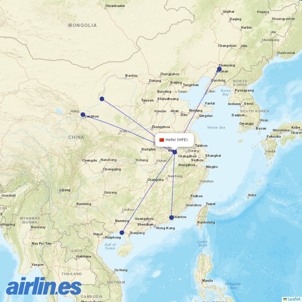 Spring Airlines from Hefei Xinqiao Airport destination map