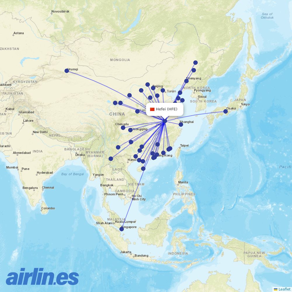 China Eastern Airlines from Hefei Xinqiao Airport destination map