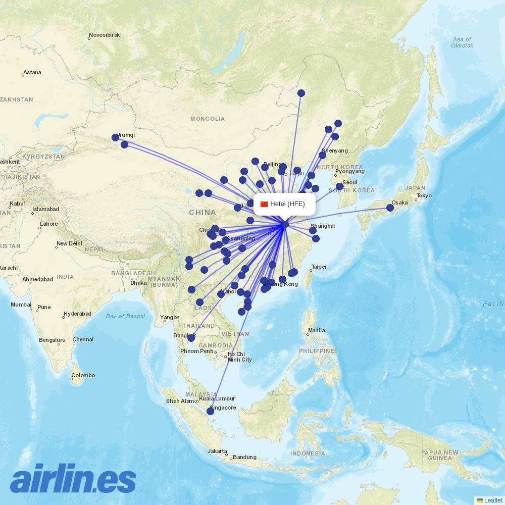 Qingdao Airlines from Hefei Xinqiao Airport destination map
