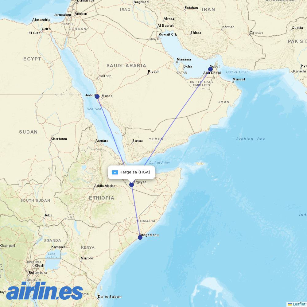 Daallo Airlines at HGA route map