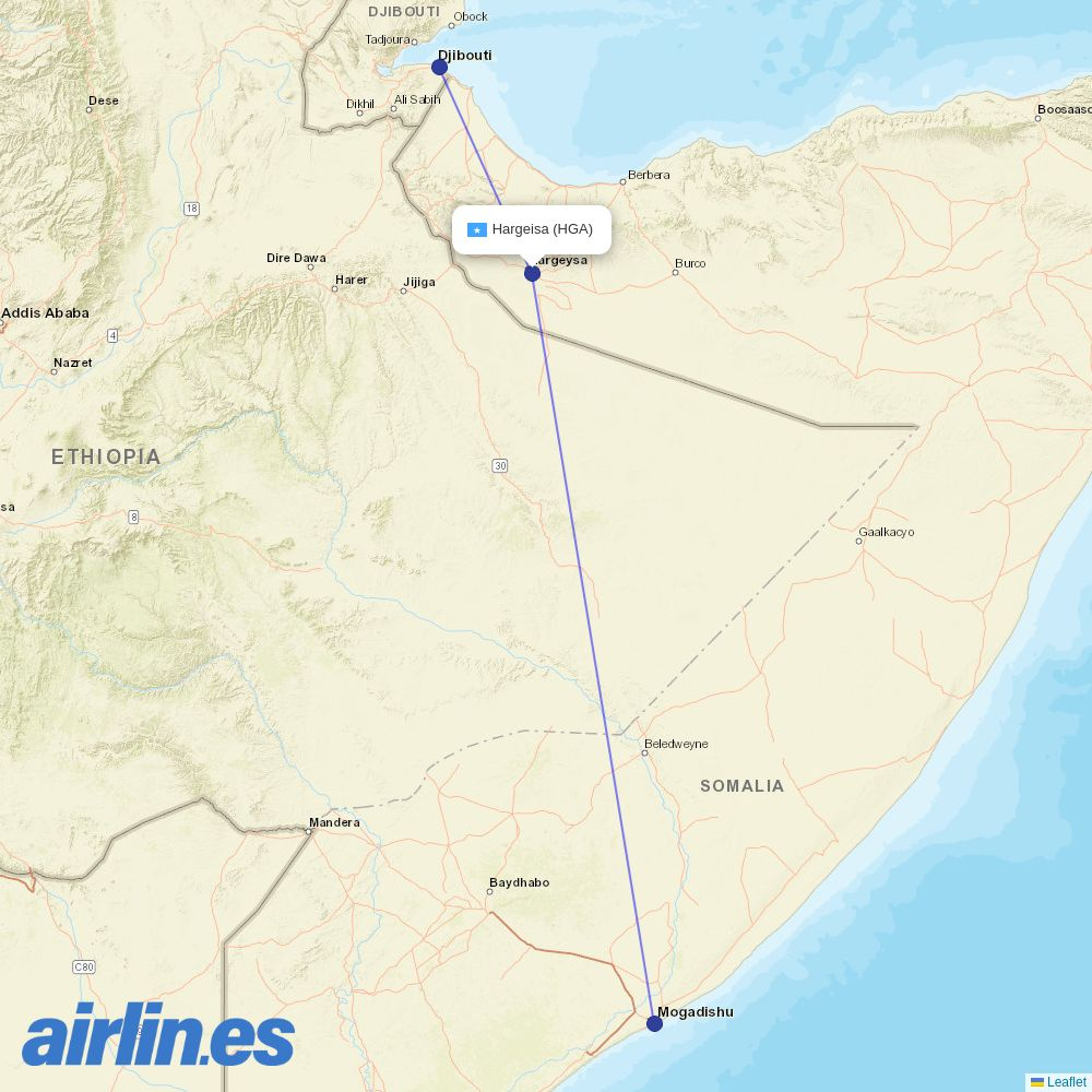 Air Djibouti from Hargeisa destination map