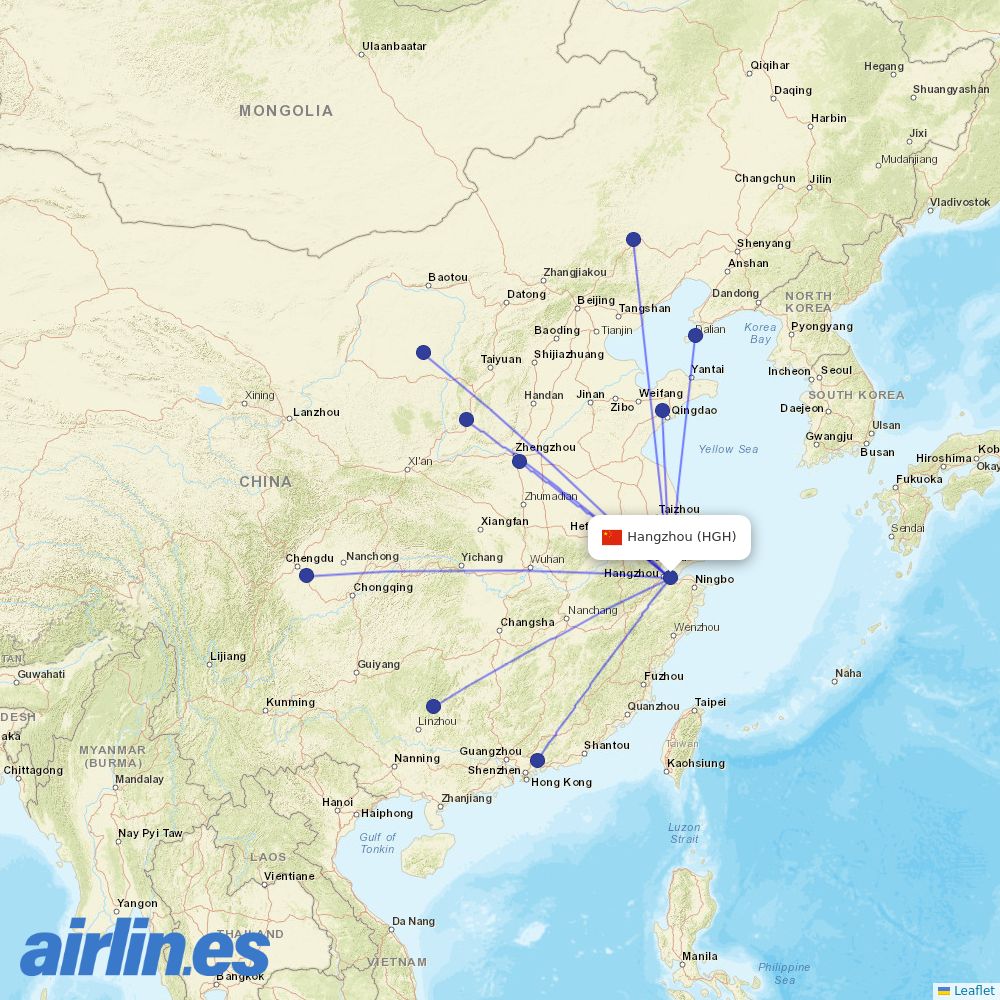 Juneyao Airlines from Hangzhou Xiaoshan International Airport destination map