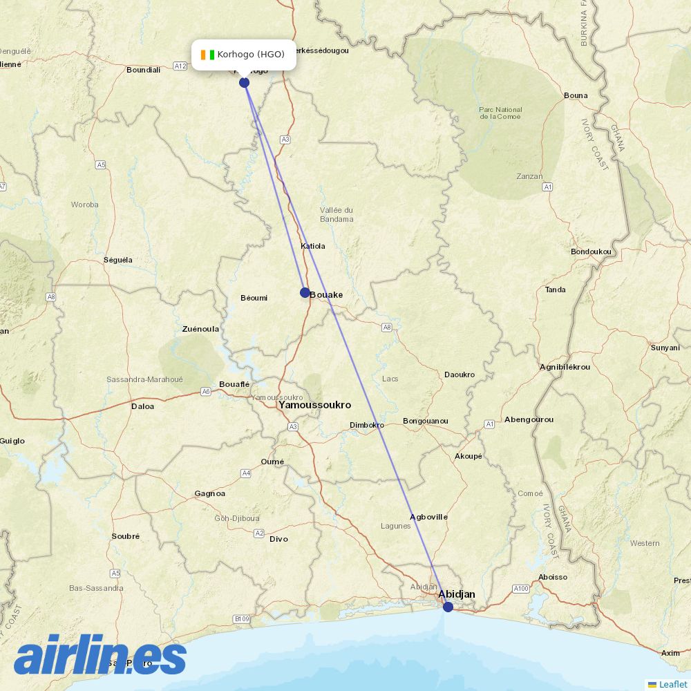Air Cote DIvoire from Korhogo destination map