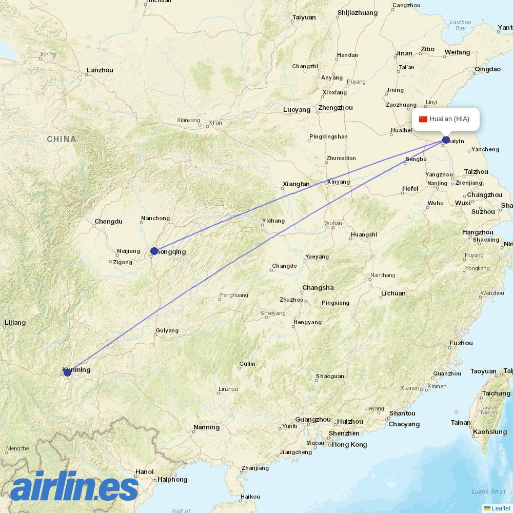 Lucky Air from Huai'an Lianshui Airport destination map