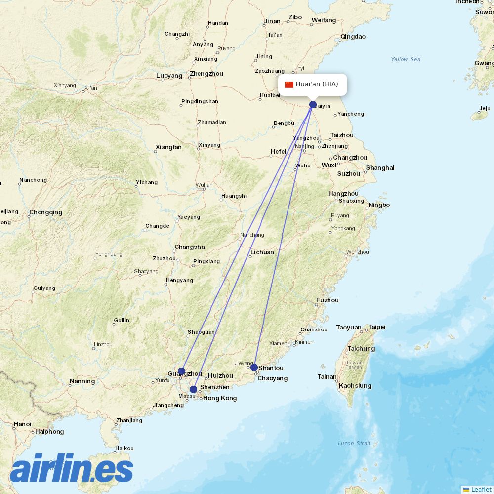 China Southern Airlines from Huai'an Lianshui Airport destination map