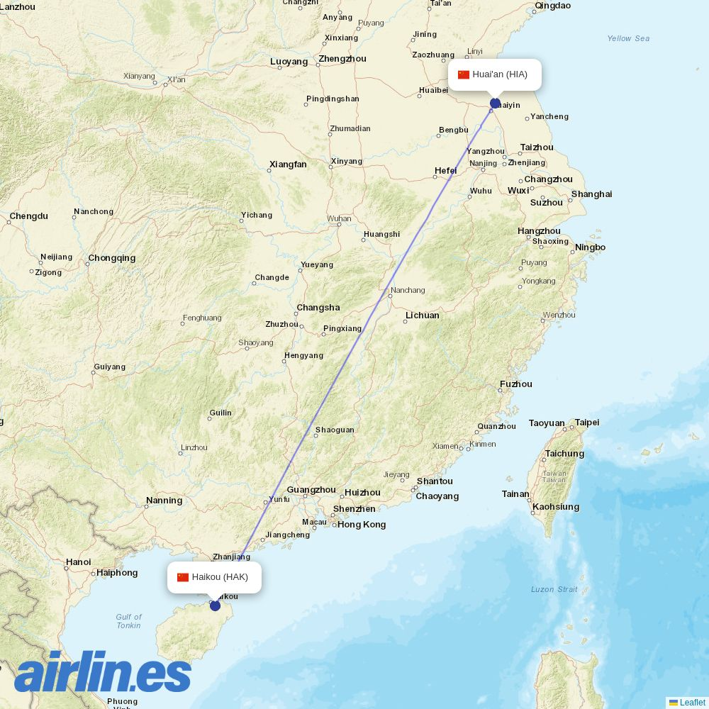 GX Airlines from Huai'an Lianshui Airport destination map