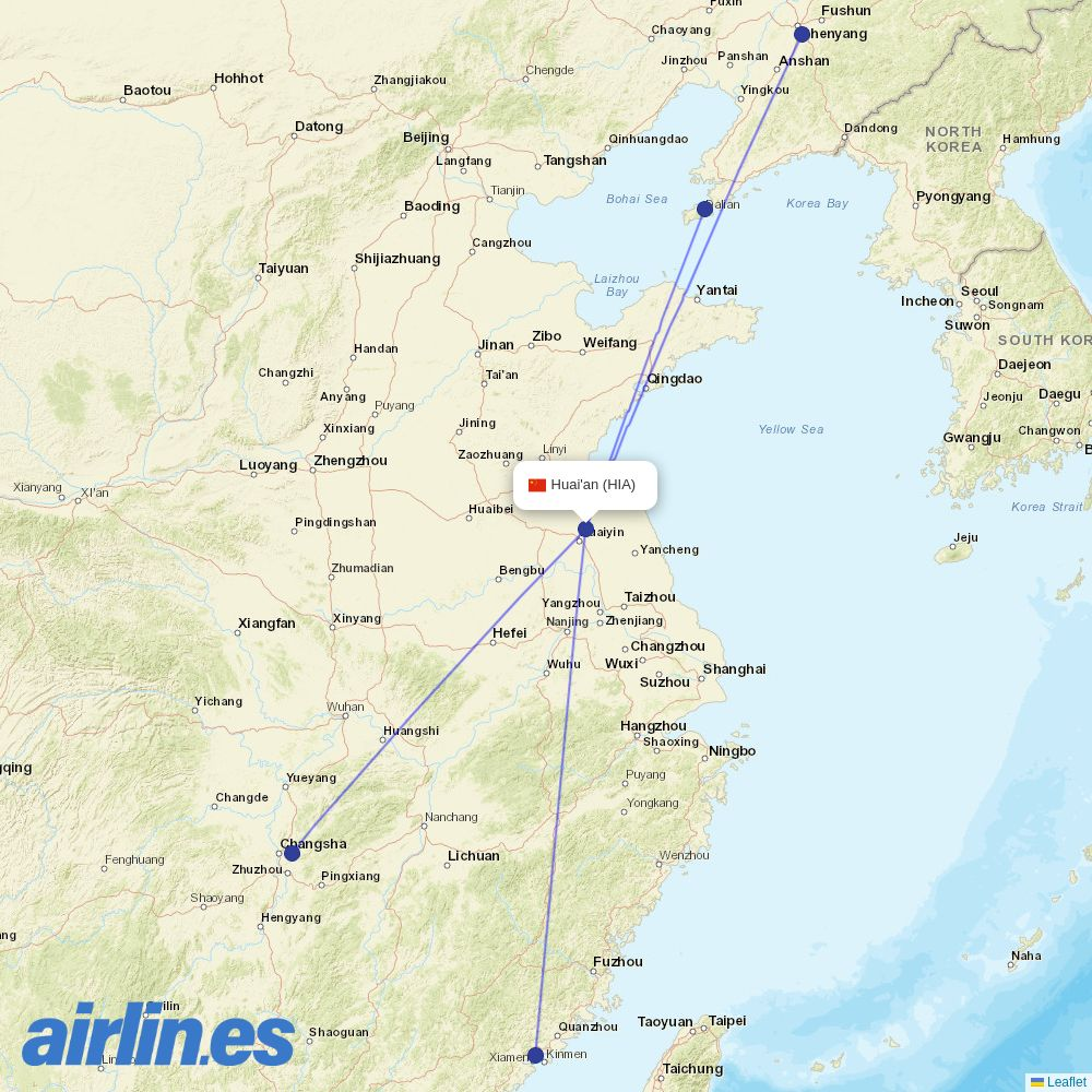 Xiamen Airlines from Huai'an Lianshui Airport destination map
